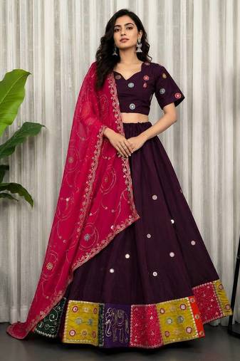 wine embroidered sequin art silk navratri lehenga choli for Women