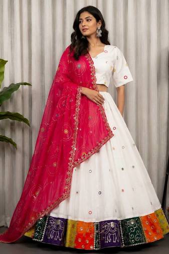 White Embroidered sequin art silk Navratri Lehenga Choli for Women