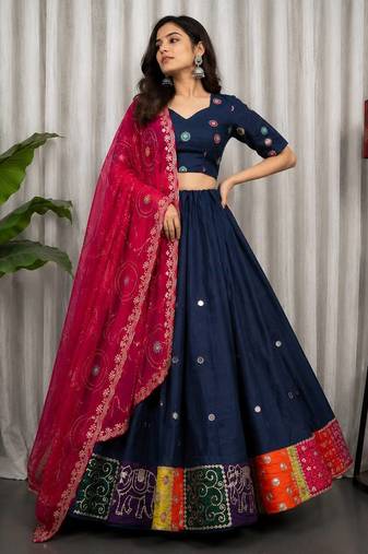 Blue Embroidered sequin art silk Navratri Lehenga Choli for Women