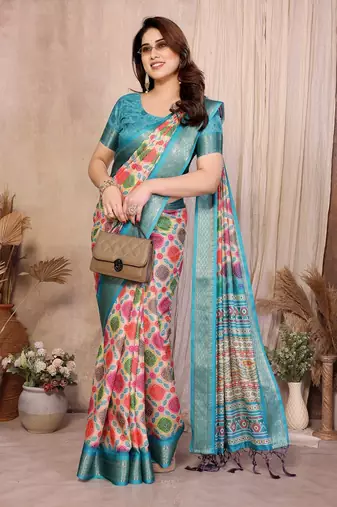 blue zari weaving work cotton blend saree
