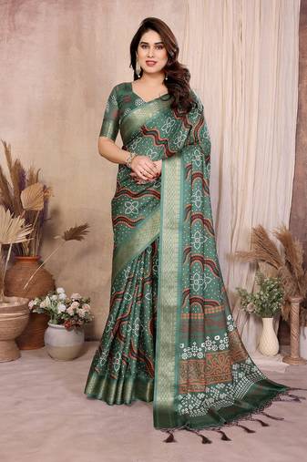 green color zari weaving work cotton blend saree