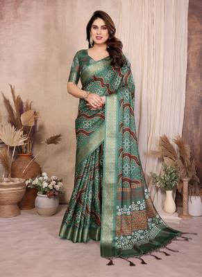 green color zari weaving work cotton blend saree 1