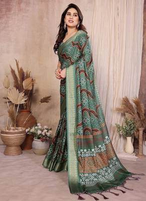 green color zari weaving work cotton blend saree 2