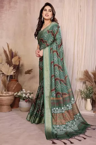 green color zari weaving work cotton blend saree