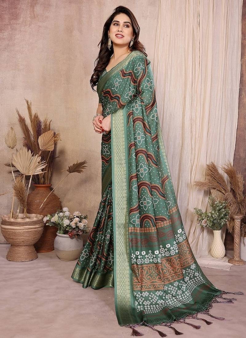 green color zari weaving work cotton blend saree