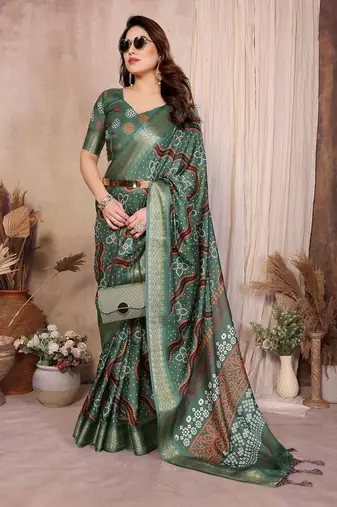 green color zari weaving work cotton blend saree