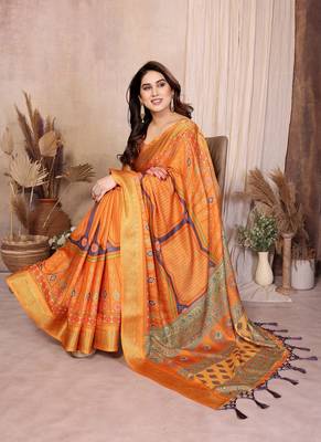 mustard zari weaving work cotton blend saree 3