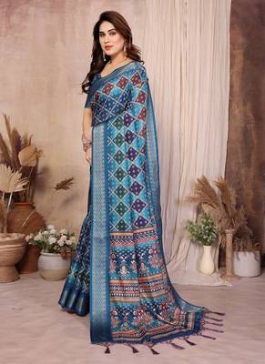 teal zari weaving work cotton blend saree 2