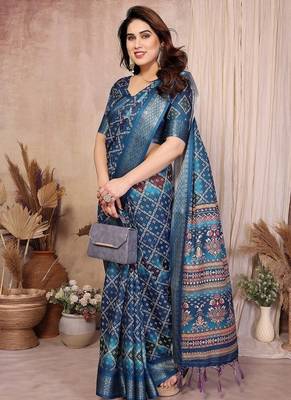 teal zari weaving work cotton blend saree 3