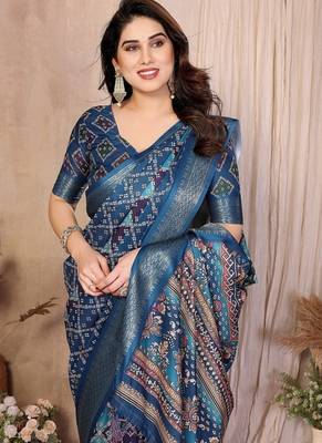 teal zari weaving work cotton blend saree 4