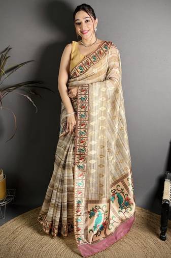 Beige floral print, striped, woven cotton slub kalamkari saree with blouse
