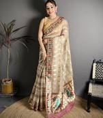 Beige floral print, striped, woven cotton slub kalamkari saree with blouse