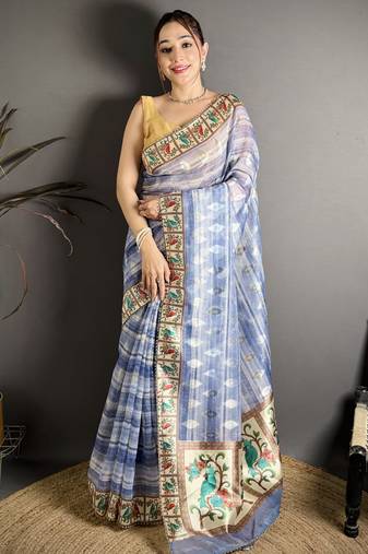 Blue floral print, striped, woven cotton slub kalamkari saree with blouse