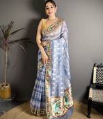 Blue floral print, striped, woven cotton slub kalamkari saree with blouse
