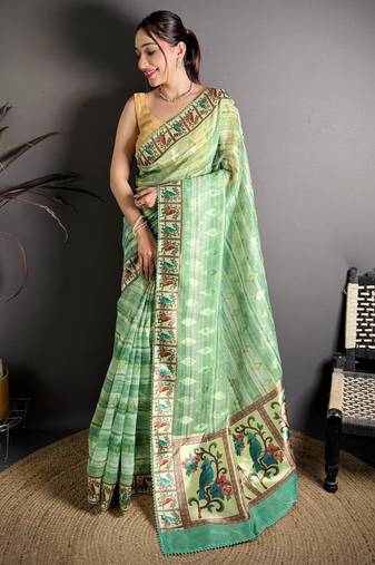 Green floral print, striped, woven cotton slub kalamkari saree with blouse