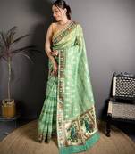 Green floral print, striped, woven cotton slub kalamkari saree with blouse