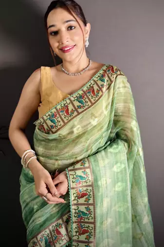 Green floral print, striped, woven cotton slub kalamkari saree with blouse