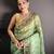 Green floral print, striped, woven cotton slub kalamkari saree with blouse