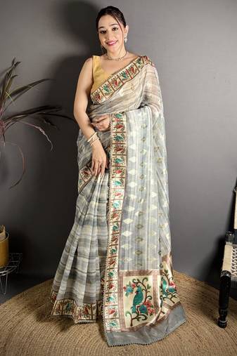 Grey floral print, striped, woven cotton slub kalamkari saree with blouse
