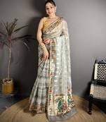 Grey floral print, striped, woven cotton slub kalamkari saree with blouse