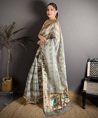 Grey floral print, striped, woven cotton slub kalamkari saree with blouse 3