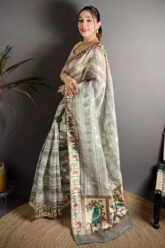 Grey floral print, striped, woven cotton slub kalamkari saree with blouse