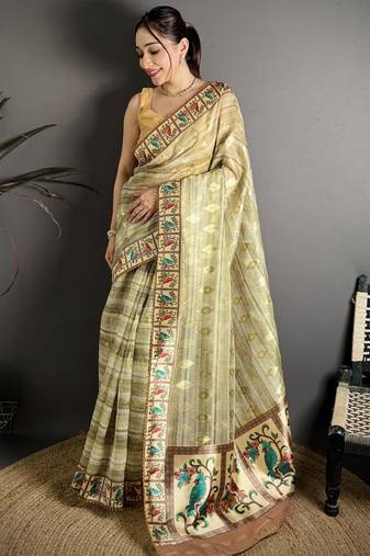 Mehendi floral print, striped, woven cotton slub kalamkari saree with blouse