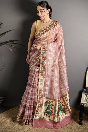 Pink floral print, striped, woven cotton slub kalamkari saree with blouse