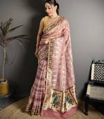 Pink floral print, striped, woven cotton slub kalamkari saree with blouse