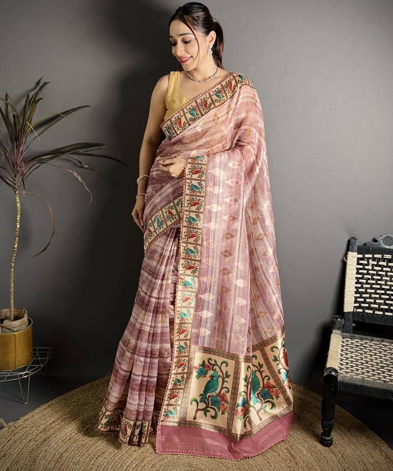 Pink floral print, striped, woven cotton slub kalamkari saree with blouse