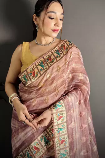 Pink floral print, striped, woven cotton slub kalamkari saree with blouse