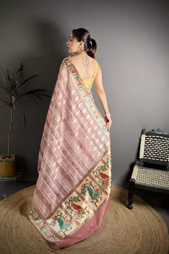 Pink floral print, striped, woven cotton slub kalamkari saree with blouse
