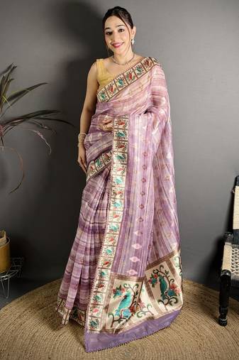 Purple floral print, striped, woven cotton slub kalamkari saree with blouse