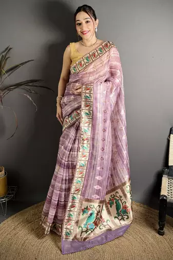 Purple floral print, striped, woven cotton slub kalamkari saree with blouse