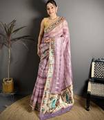 Purple floral print, striped, woven cotton slub kalamkari saree with blouse