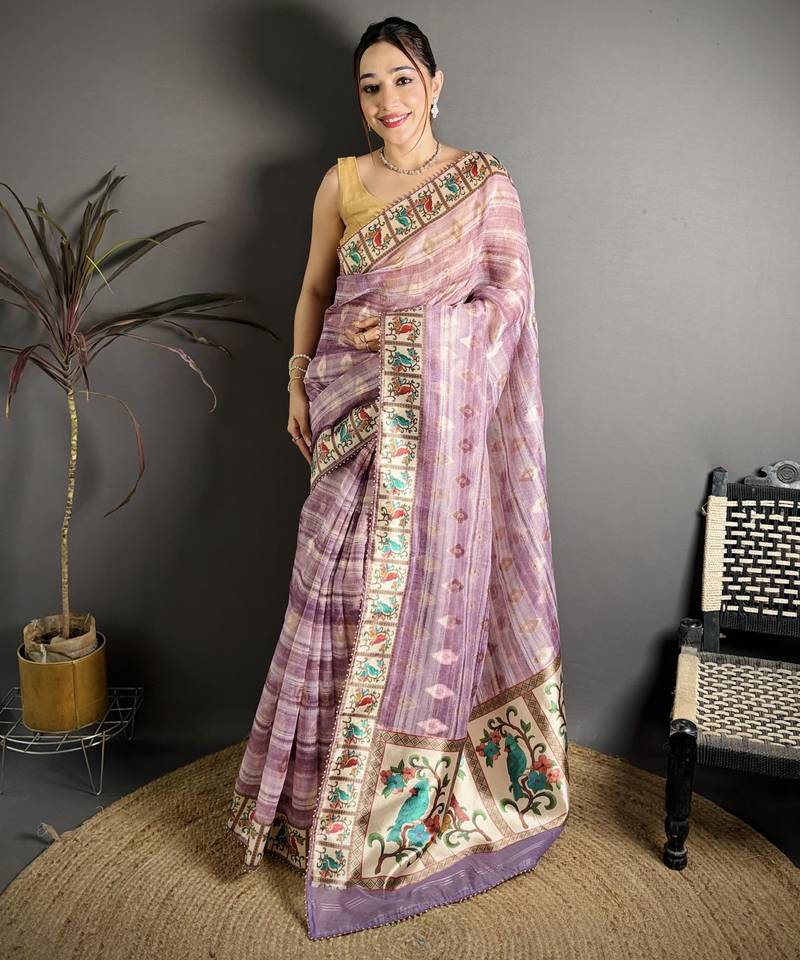 Purple floral print, striped, woven cotton slub kalamkari saree with blouse
