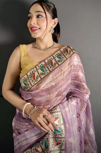 Purple floral print, striped, woven cotton slub kalamkari saree with blouse