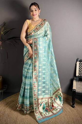 Turquoise blue floral print, striped, woven cotton slub kalamkari saree with blouse