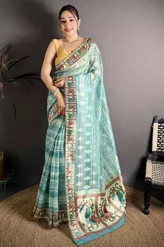 Turquoise blue floral print, striped, woven cotton slub kalamkari saree with blouse