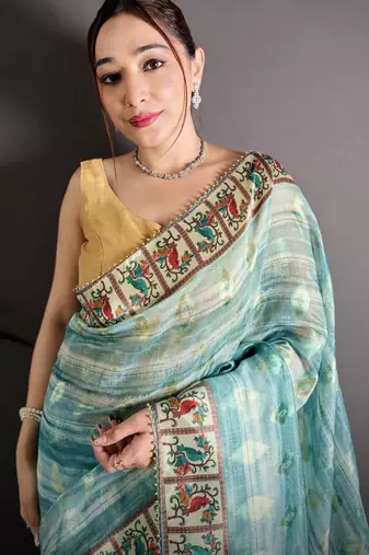 Turquoise blue floral print, striped, woven cotton slub kalamkari saree with blouse