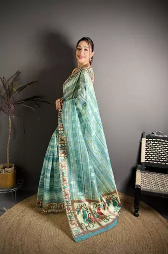 Turquoise blue floral print, striped, woven cotton slub kalamkari saree with blouse