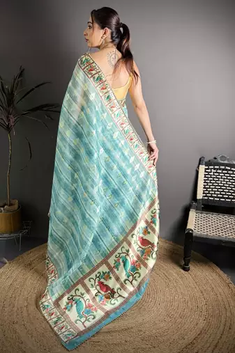 Turquoise blue floral print, striped, woven cotton slub kalamkari saree with blouse