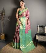 Dark pink woven, floral print, self design banarasi silk saree with blouse
