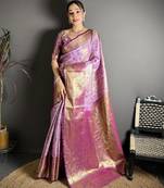 Lavender woven, floral print, self design banarasi silk saree with blouse
