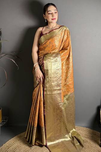 Orange woven, floral print, self design banarasi silk saree with blouse