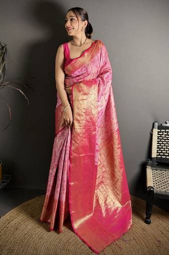 Pink woven, floral print, self design banarasi silk saree with blouse