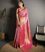 Pink woven, floral print, self design banarasi silk saree with blouse