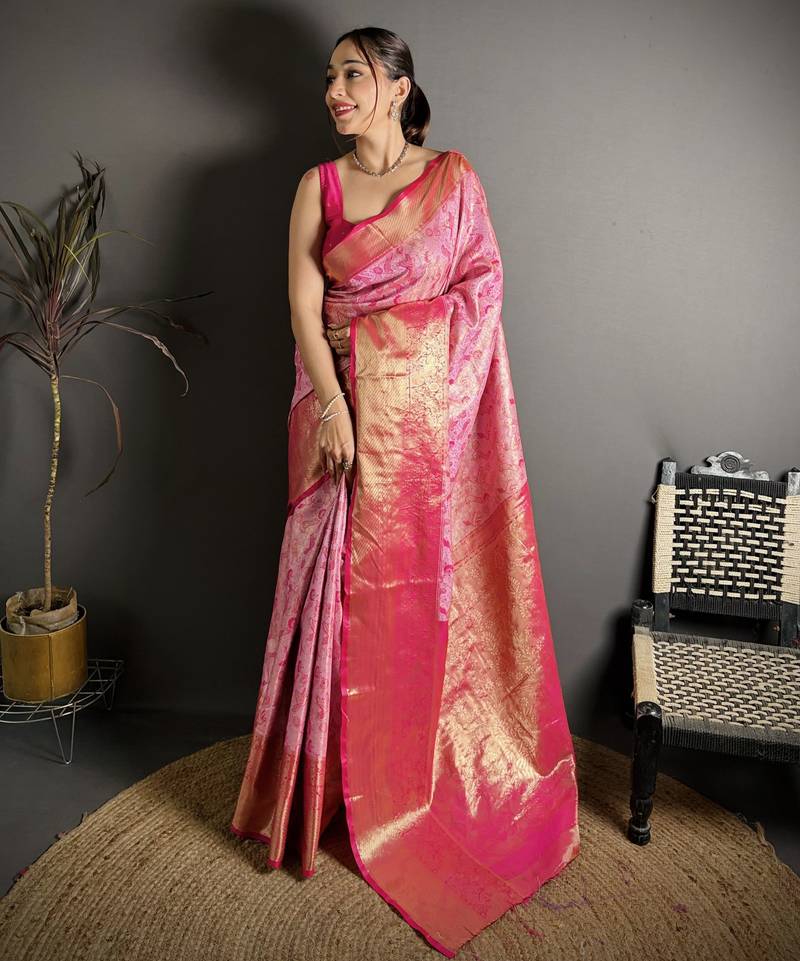 Pink woven, floral print, self design banarasi silk saree with blouse