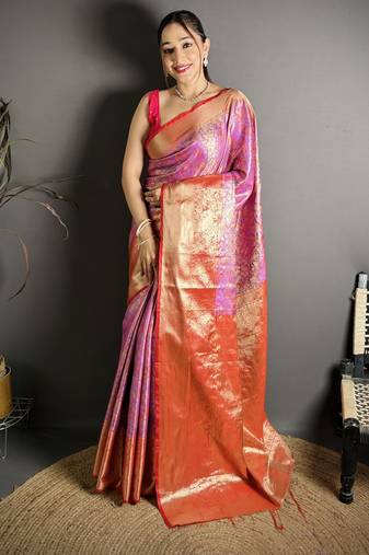 Purple woven, floral print, self design banarasi silk saree with blouse