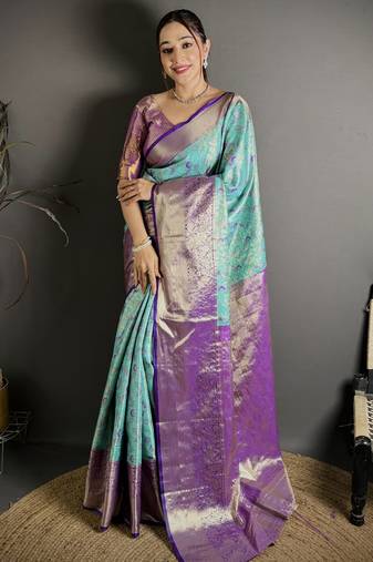 Turquoise blue woven, floral print, self design banarasi silk saree with blouse